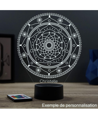 Lampe illusion 3D en verre acrylique gravée au laser représentant un mandala.