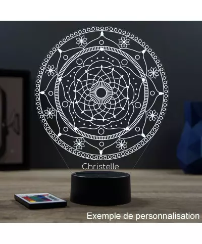 Lampe illusion 3D en verre acrylique gravée au laser représentant un mandala.