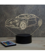 Lampe illusion 3D en verre acrylique gravée au laser représentant une voiture Alpine A110 2020.