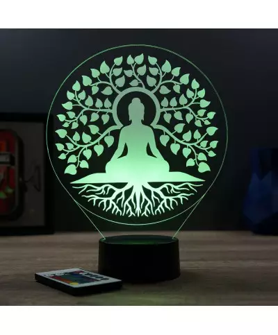 Lampe illusion 3D en verre acrylique gravée au laser représentant un Bouddha sous un arbre de vie.