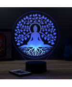 Lampe illusion 3D en verre acrylique gravée au laser représentant un Bouddha sous un arbre de vie.