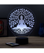 Lampe illusion 3D en verre acrylique gravée au laser représentant un Bouddha sous un arbre de vie.