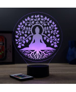 Lampe illusion 3D en verre acrylique gravée au laser représentant un Bouddha sous un arbre de vie.