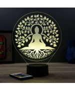 Lampe illusion 3D en verre acrylique gravée au laser représentant un Bouddha sous un arbre de vie.