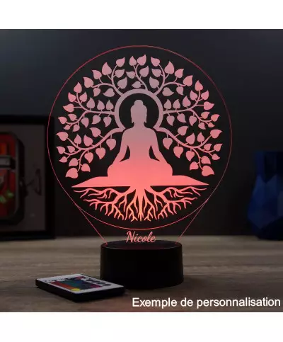 Lampe illusion 3D en verre acrylique gravée au laser représentant un Bouddha sous un arbre de vie.