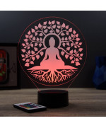 Lampe illusion 3D en verre acrylique gravée au laser représentant un Bouddha sous un arbre de vie.