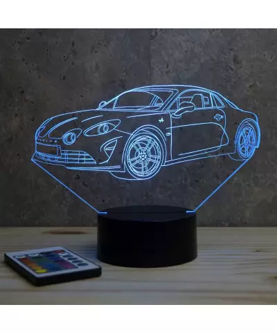 Lampe illusion 3D en verre acrylique gravée au laser représentant une voiture Alpine A110 2020.