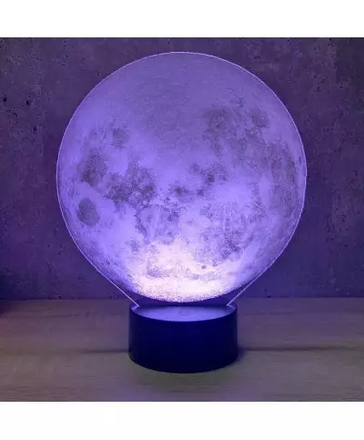 Lampe illusion 3D en verre acrylique gravée au laser représentant la lune.