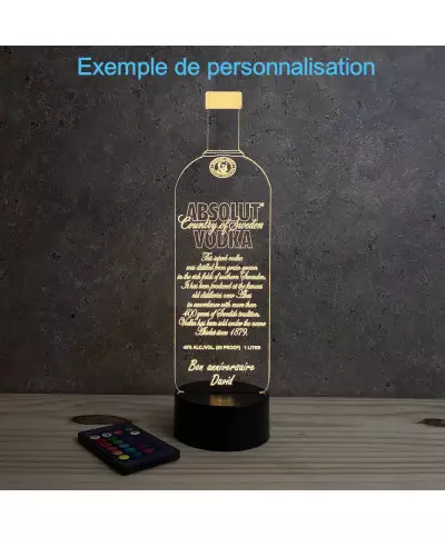 Lampe illusion 3D en verre acrylique gravée au laser représentant une bouteille de Vodka.