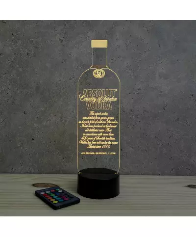 Lampe illusion 3D en verre acrylique gravée au laser représentant une bouteille de Vodka.