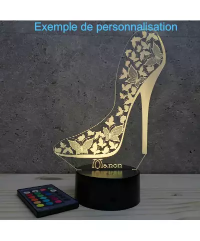 Lampe illusion 3D en verre acrylique gravée au laser représentant un escarpin.
