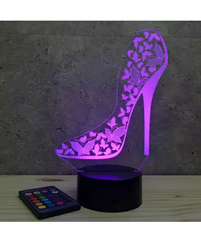 Lampe illusion 3D en verre acrylique gravée au laser représentant un escarpin.