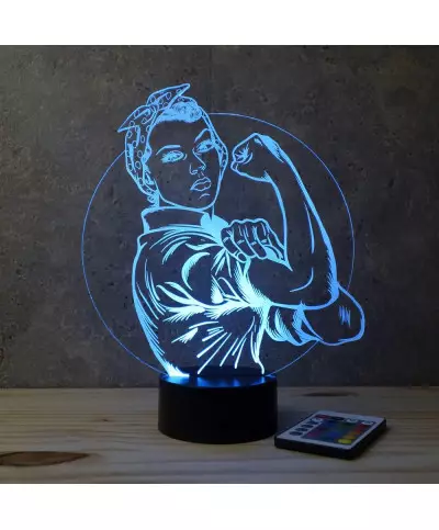 Lampe illusion 3D en verre acrylique gravée au laser représentant Rosie la riveteuse.