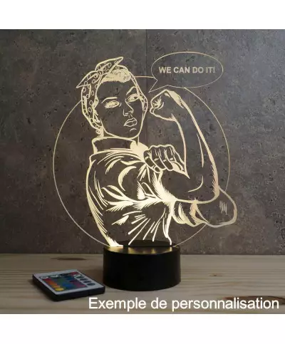 Lampe illusion 3D en verre acrylique gravée au laser représentant Rosie la riveteuse.