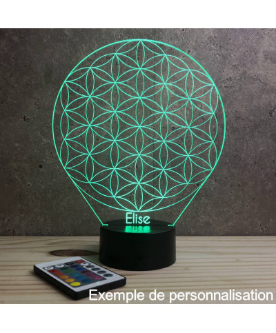 Lampe illusion 3D en verre acrylique gravée au laser représentant une fleur de vie.