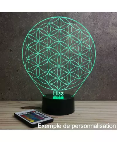 Lampe illusion 3D en verre acrylique gravée au laser représentant une fleur de vie.