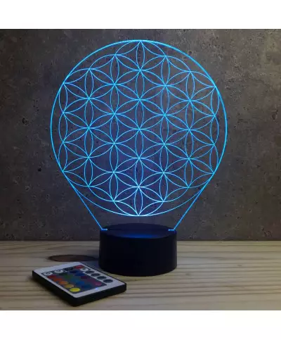 Lampe illusion 3D en verre acrylique gravée au laser représentant une fleur de vie.