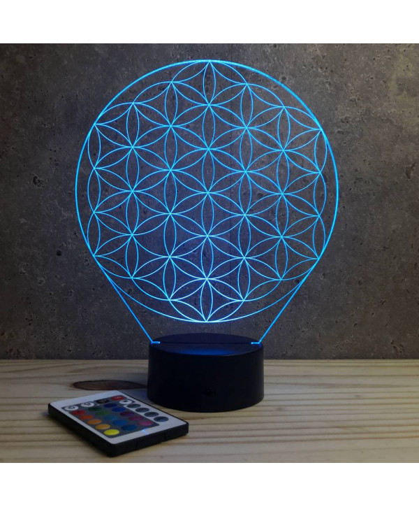 Lampe illusion 3D en verre acrylique gravée au laser représentant une fleur de vie.