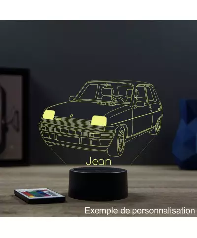 Lampe illusion 3D en verre acrylique gravée au laser représentant une voiture Renault R5 Alpine Turbo.