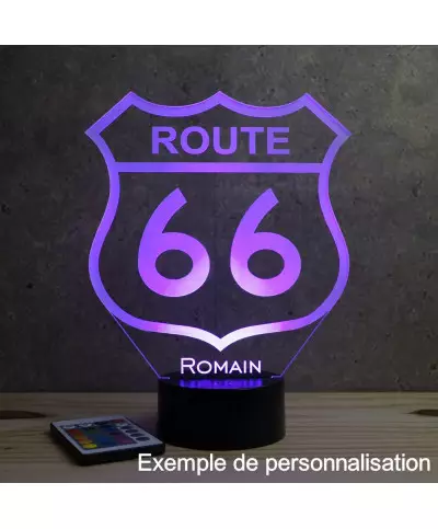 Lampe illusion 3D en verre acrylique gravée au laser représentant le panneau de la route 66.