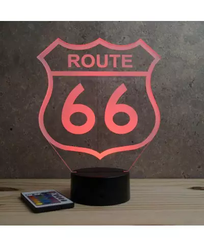 Lampe illusion 3D en verre acrylique gravée au laser représentant le panneau de la route 66.