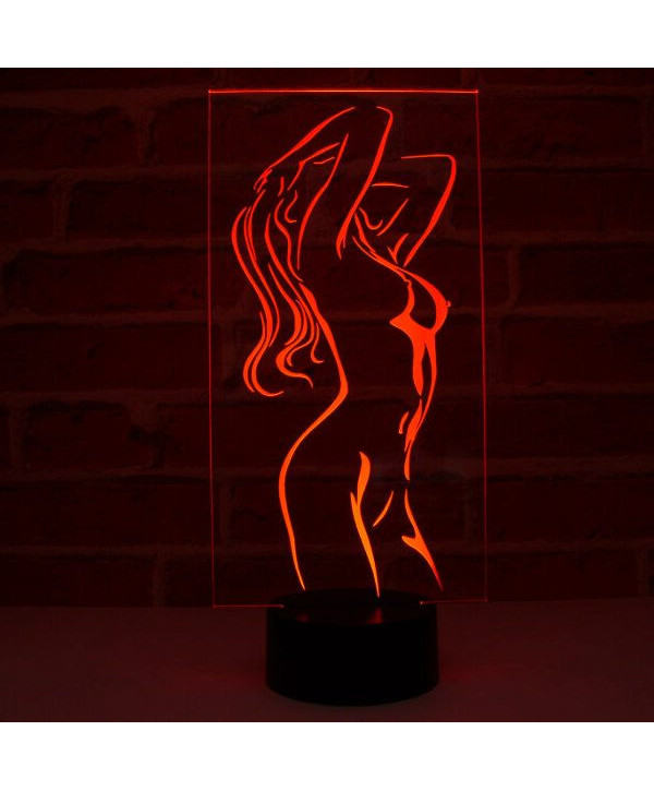 Lampe illusion 3D en verre acrylique gravée au laser représentant une silhouette de femme nue.