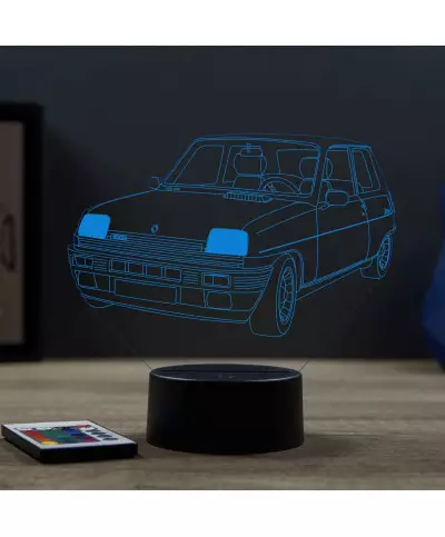 Lampe illusion 3D en verre acrylique gravée au laser représentant une voiture Renault R5 Alpine Turbo.