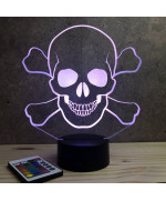 Lampe illusion 3D en verre acrylique gravée au laser représentant une tête de mort pirate.