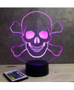 Lampe illusion 3D en verre acrylique gravée au laser représentant une tête de mort pirate.