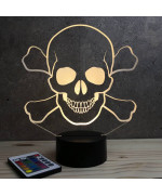 Lampe illusion 3D en verre acrylique gravée au laser représentant une tête de mort pirate.