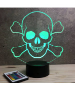 Lampe illusion 3D en verre acrylique gravée au laser représentant une tête de mort pirate.