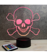 Lampe illusion 3D en verre acrylique gravée au laser représentant une tête de mort pirate.