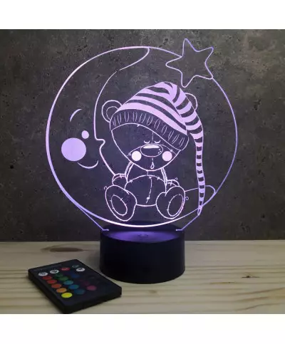 Lampe illusion 3D en verre acrylique gravée au laser représentant un nounours assis sur un croissant de lune.