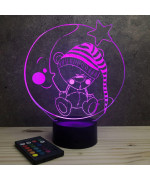Lampe illusion 3D en verre acrylique gravée au laser représentant un nounours assis sur un croissant de lune.