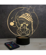 Lampe illusion 3D en verre acrylique gravée au laser représentant un nounours assis sur un croissant de lune.