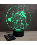 Lampe illusion 3D en verre acrylique gravée au laser représentant un nounours assis sur un croissant de lune.