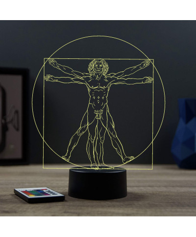 Lampe illusion 3D en verre acrylique gravée au laser représentant le Vitruve de Leonard de Vinci.