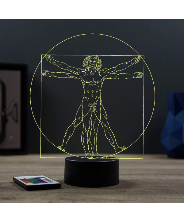 Lampe illusion 3D en verre acrylique gravée au laser représentant le Vitruve de Leonard de Vinci.