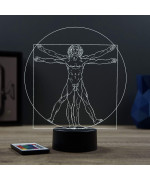 Lampe illusion 3D en verre acrylique gravée au laser représentant le Vitruve de Leonard de Vinci.