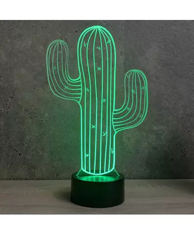 Lampe illusion 3D en verre acrylique gravée au laser représentant un cactus.