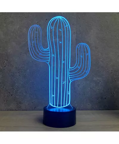 Lampe illusion 3D en verre acrylique gravée au laser représentant un cactus.