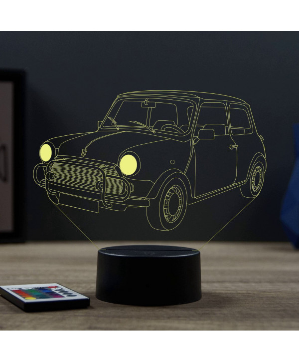 Lampe illusion 3D en verre acrylique gravée au laser représentant une voiture Austin Mini.