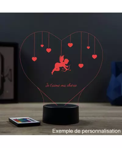 Lampe illusion 3D en verre acrylique gravée au laser représentant un Cœur avec un cupidon.