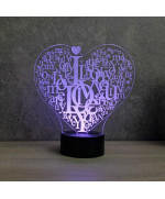 Lampe illusion 3D en verre acrylique gravée au laser représentant un Cœur  I Love You.