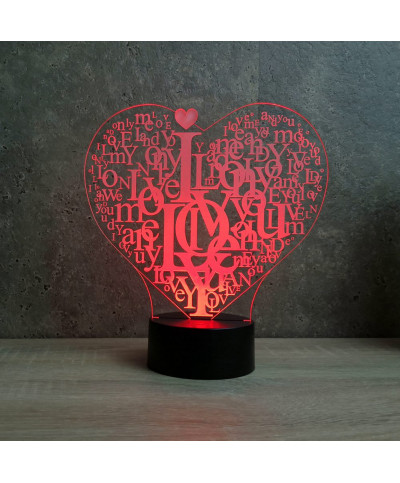 Lampe illusion 3D en verre acrylique gravée au laser représentant un Cœur  I Love You.