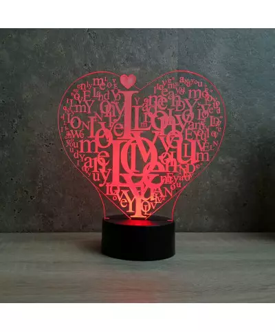Lampe illusion 3D en verre acrylique gravée au laser représentant un Cœur  I Love You.