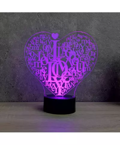 Lampe illusion 3D en verre acrylique gravée au laser représentant un Cœur  I Love You.