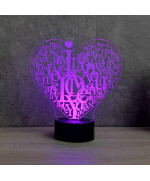 Lampe illusion 3D en verre acrylique gravée au laser représentant un Cœur  I Love You.