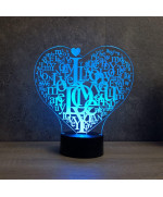 Lampe illusion 3D en verre acrylique gravée au laser représentant un Cœur  I Love You.