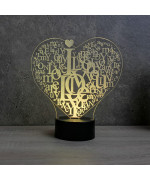 Lampe illusion 3D en verre acrylique gravée au laser représentant un Cœur  I Love You.